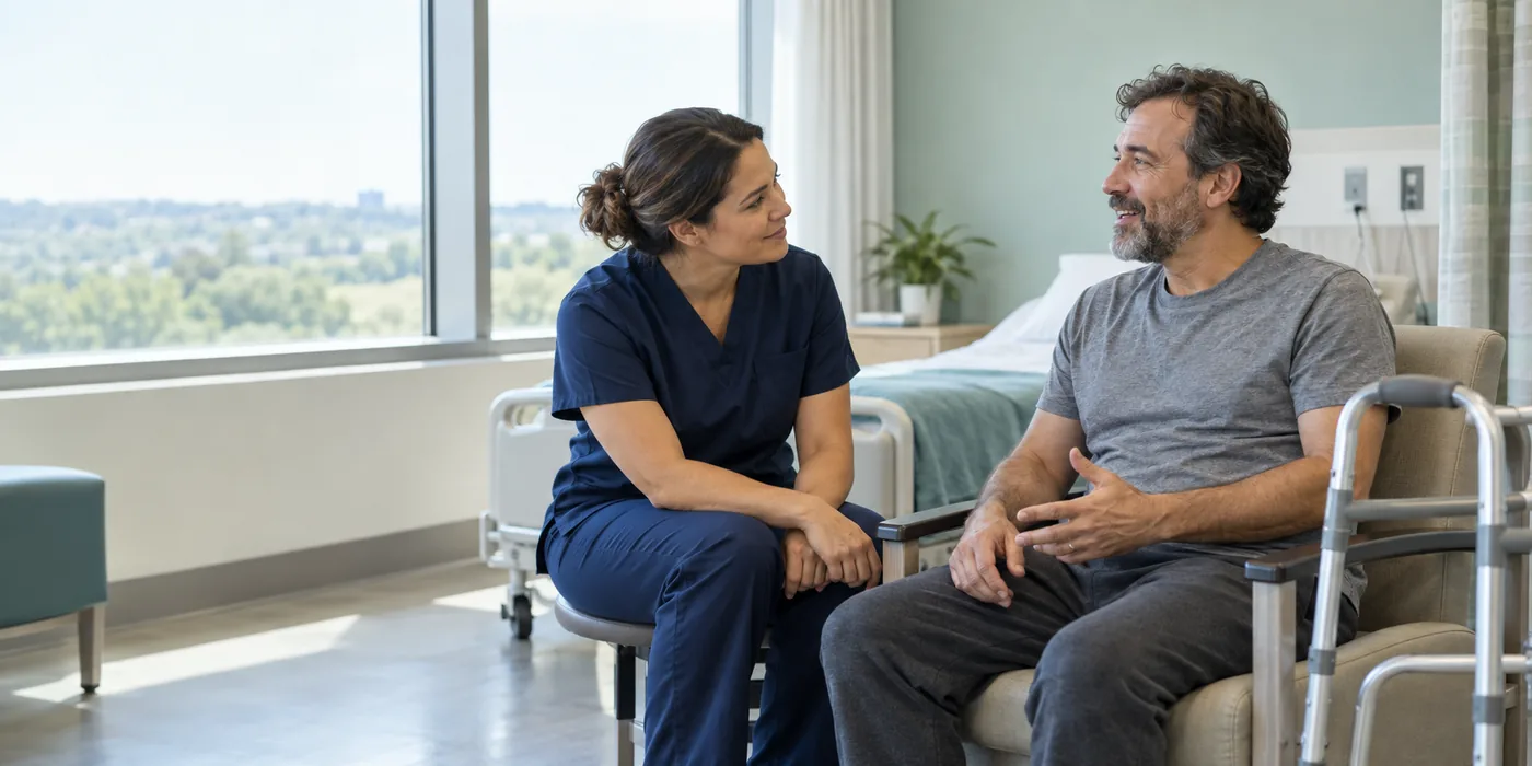 Nurse speaking with a rehabilitation patient seated beside a walker.